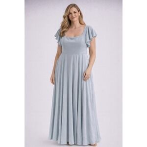 Azazie Dusty Blue Bridesmaid Dress A6 Flutter Sleeve Formal Wedding Guest Midi